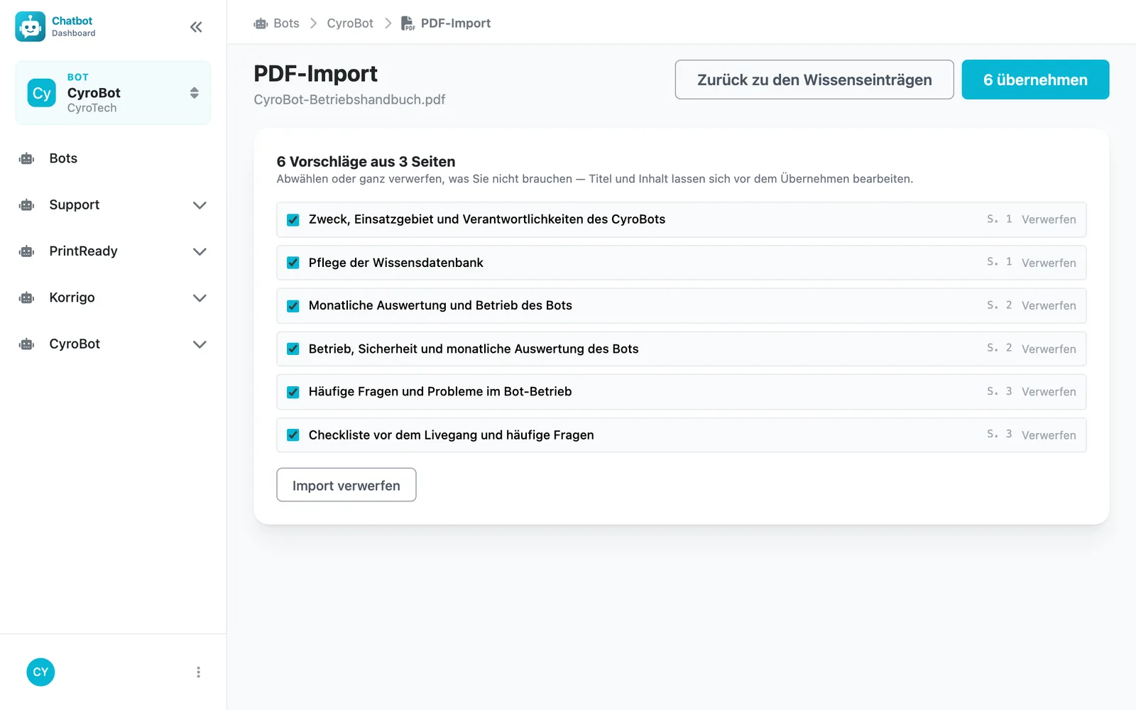 Vorschläge aus einem PDF-Import mit Fortschrittsanzeige