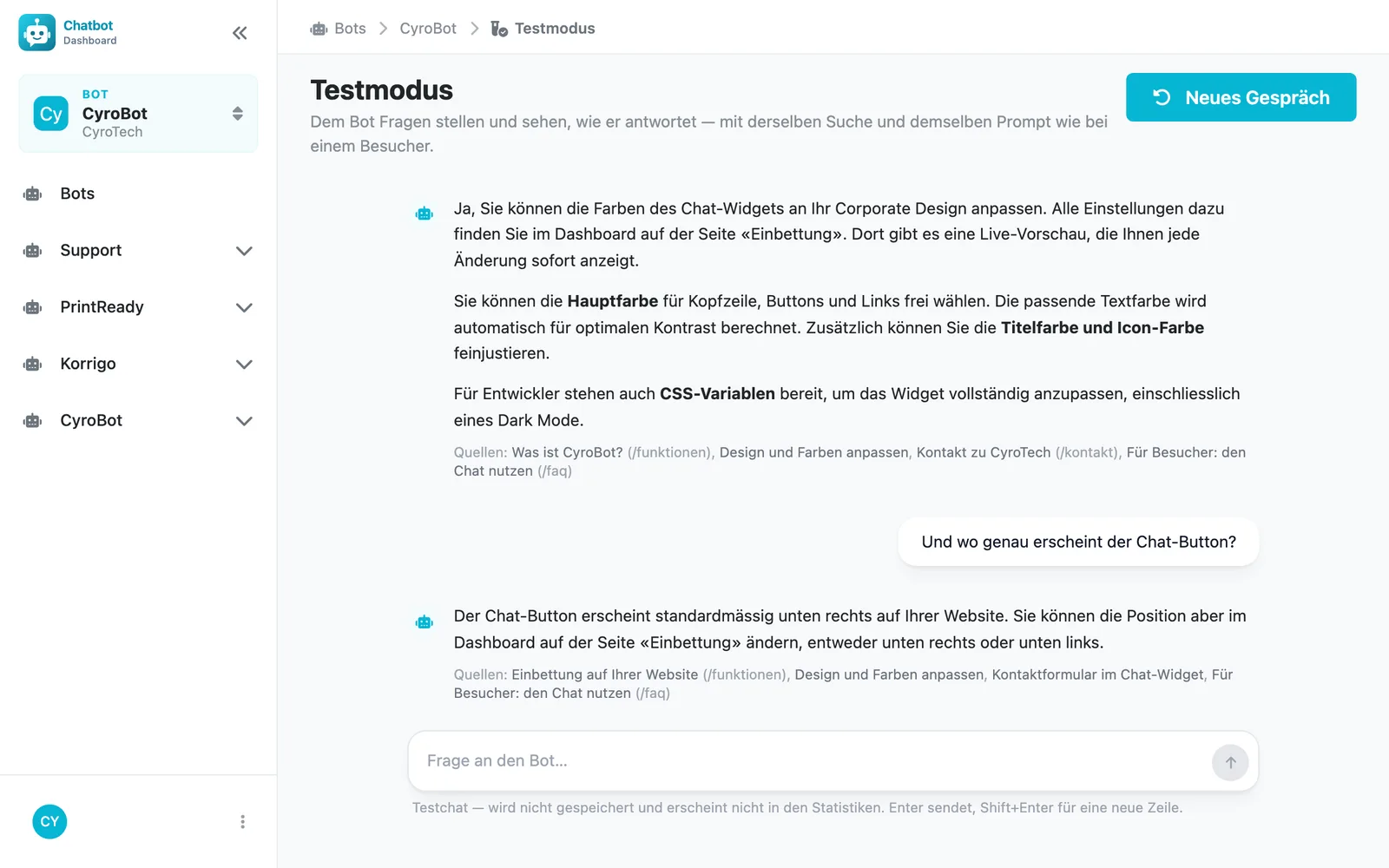 Testchat im Dashboard mit Antwort und Quellenangaben