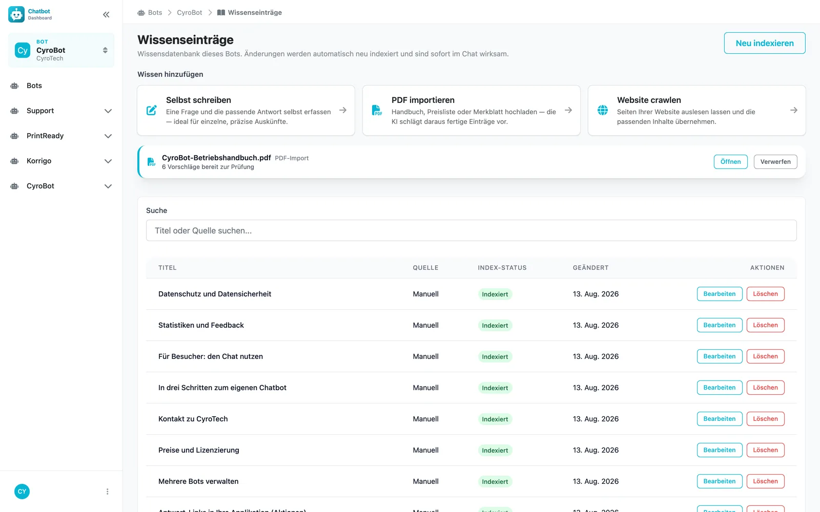 Wissensbasis im Dashboard mit Einträgen und Index-Status
