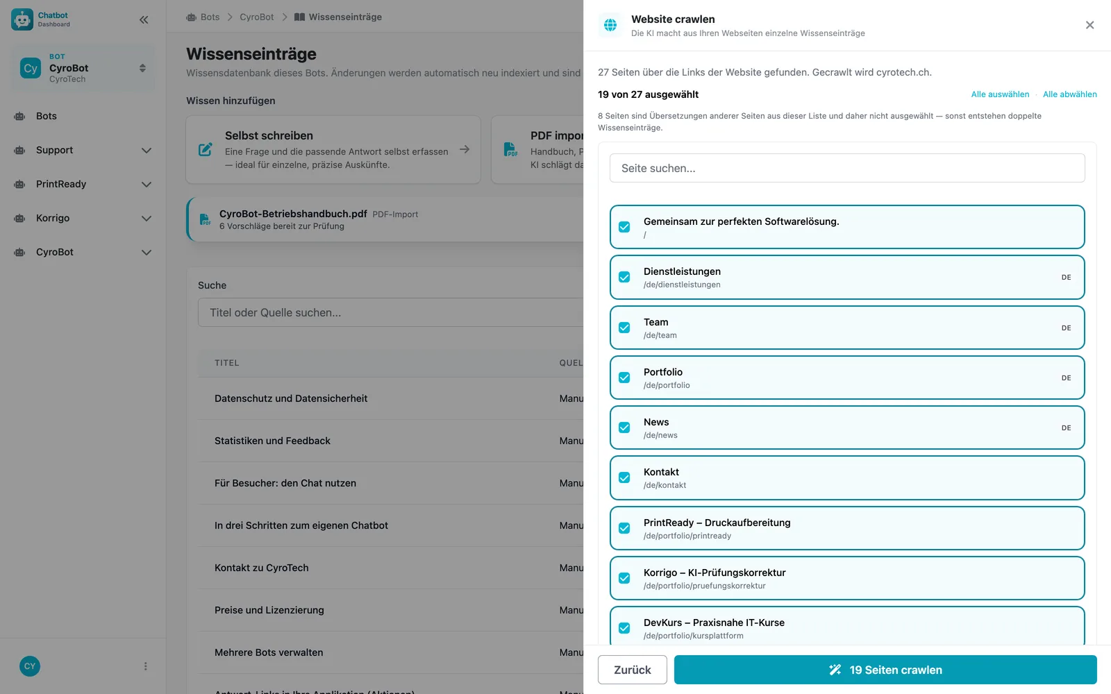 Sélection des pages lors de l'import d'un site web, avec badges de langue